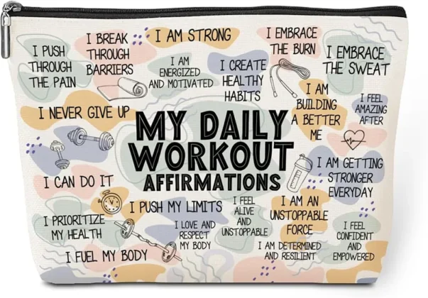 Mother's day gift ideas for active moms: workout affirmations toiletry bag